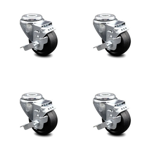 3 Inch Soft Rubber Wheel Swivel Bolt Hole Caster Set with Brake